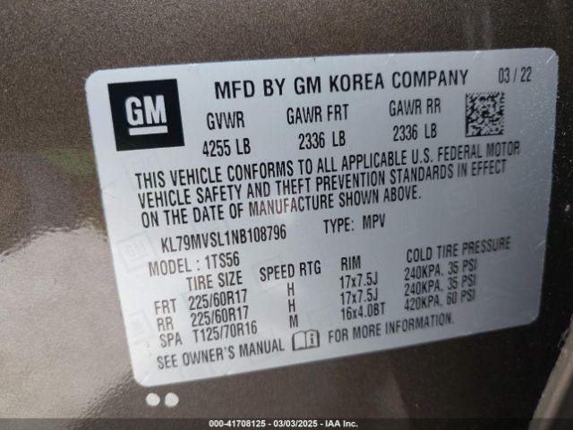 KL79MVSL1NB108796 Chevrolet Trailblazer Fwd Activ