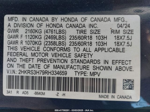 2HKRS3H79RH334659 Honda Cr-v Ex-l 2wd