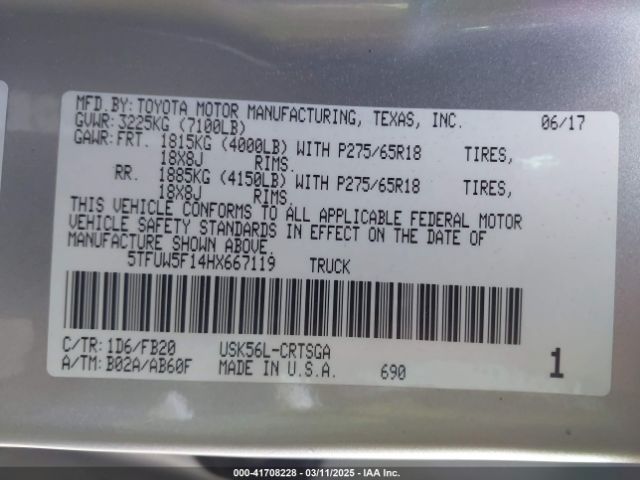 5TFUW5F14HX667119 Toyota Tundra Sr5 5.7l V8