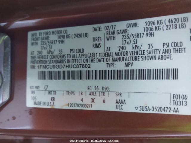 1FMCU0GD7HUC87802 Ford ESCAPE SE