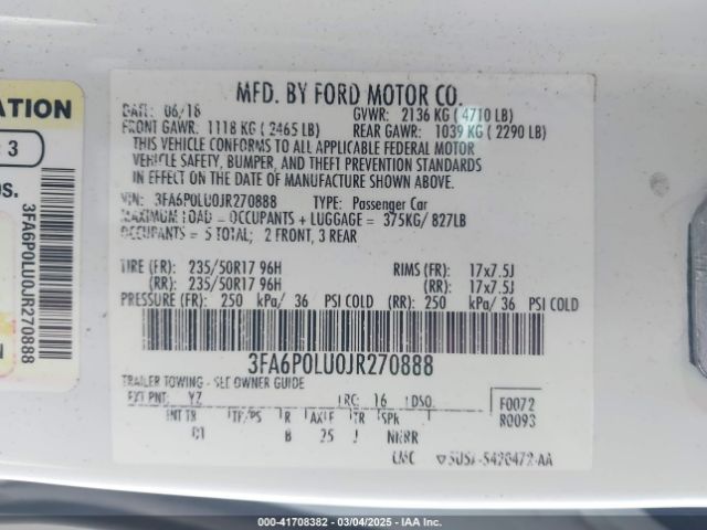 3FA6P0LU0JR270888 Ford Fusion Hybrid Se