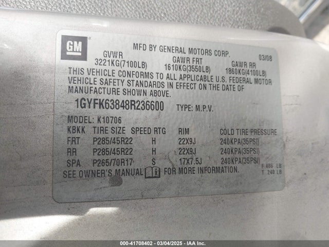 2008 CADILLAC ESCALADE 1GYFK63848R236600 Photo 8