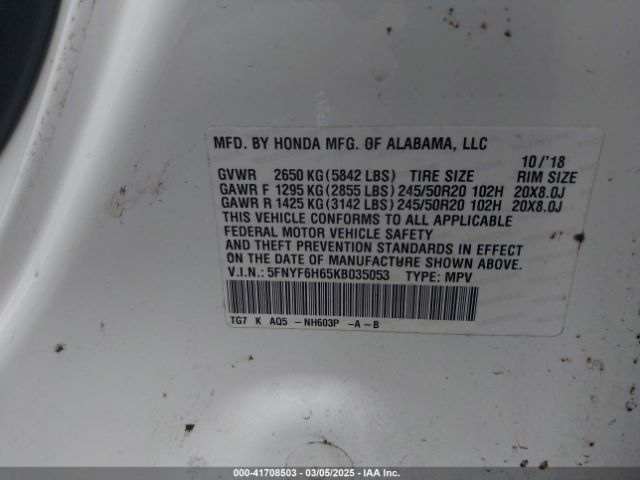 5FNYF6H65KB035053 Honda Pilot Touring