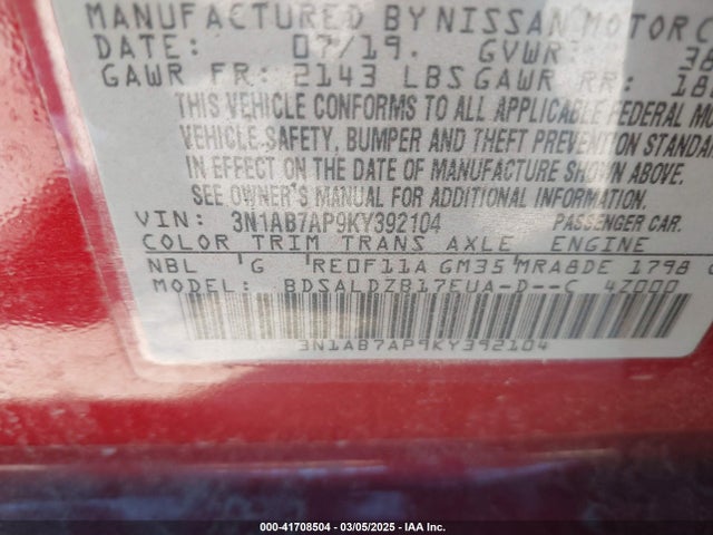 Nissan SENTRA SV 2019 3N1AB7AP9KY392104 Image 9