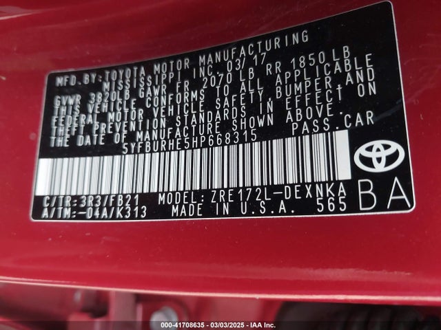5YFBURHE5HP668315 Toyota COROLLA LE