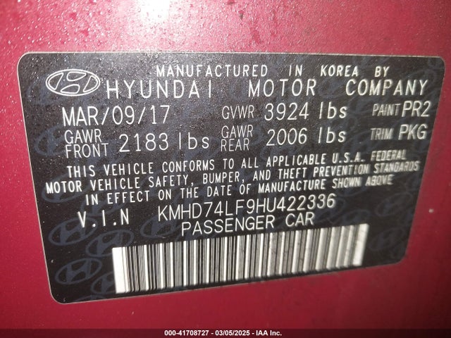 KMHD74LF9HU422336 Hyundai ELANTRA SE