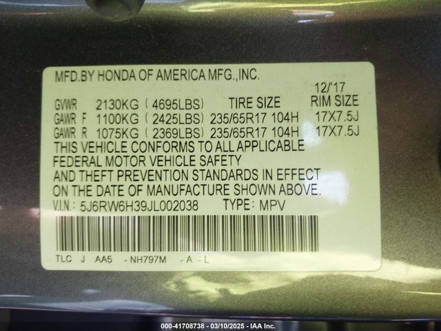 5J6RW6H39JL002038 Honda CR-V LX