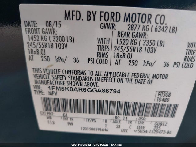 1FM5K8AR6GGA86794 Ford Police Interceptor