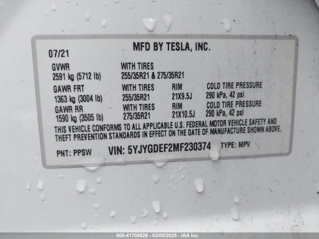 2021 TESLA MODEL Y 5YJYGDEF2MF230374 Photo 8
