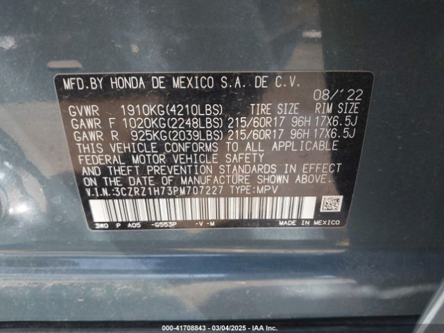 3CZRZ1H73PM707227 Honda Hr-v 2wd Ex-l