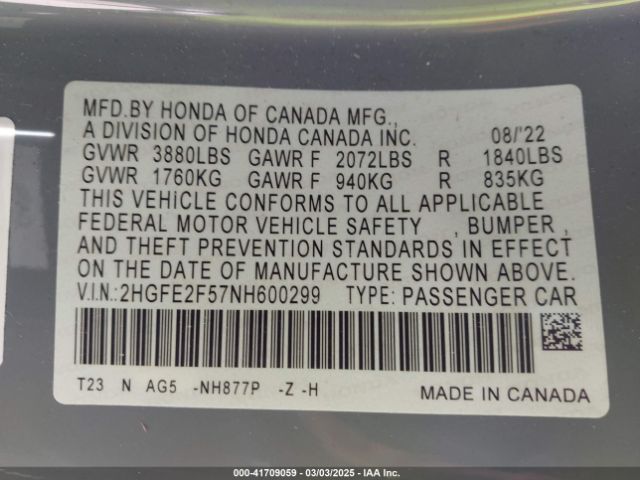 2HGFE2F57NH600299 Honda Civic Sport
