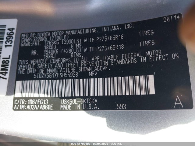 5TDZY5G1XFS055928 Toyota Sequoia Sr5 5.7l V8