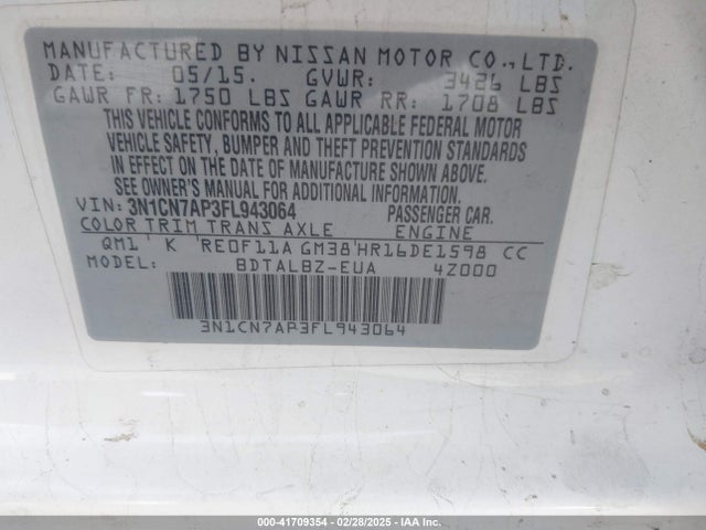 3N1CN7AP3FL943064 Nissan Versa 1.6 Sv