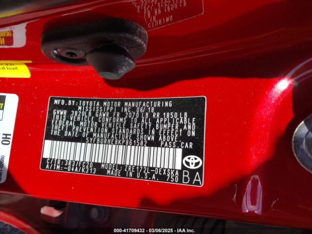 5YFBURHE8KP861582 Toyota COROLLA SE
