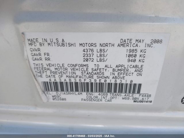 2009 MITSUBISHI GALANT 4A3AB36F39E018310 Photo 8
