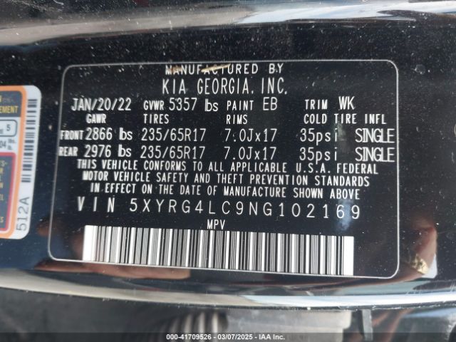 5XYRG4LC9NG102169 KIA SORENTO LX
