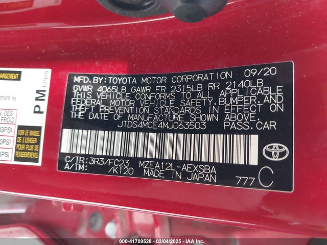JTDS4MCE4MJ063503 Toyota COROLLA SE