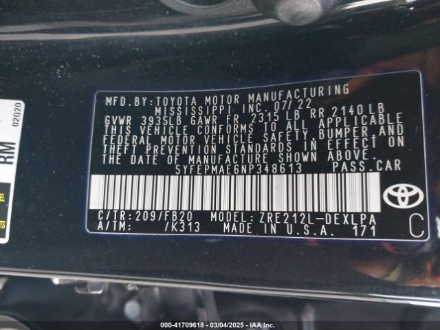 5YFEPMAE6NP348613 Toyota COROLLA LE