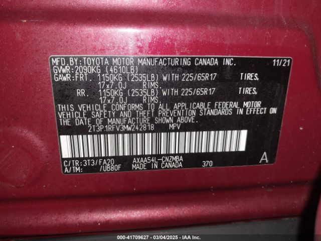 2T3P1RFV3MW242818 Toyota Rav4 Xle