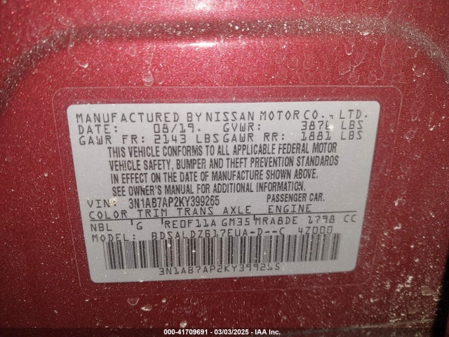 3N1AB7AP2KY399265 Nissan SENTRA SV
