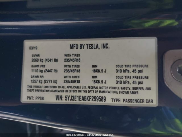 5YJ3E1EA5KF299589 Tesla Model 3 Long Range/mid Range/standard Range/standard Range Plus