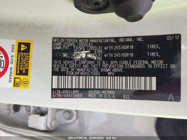 5TDKZRFH6HS515660 Toyota Highlander Xle