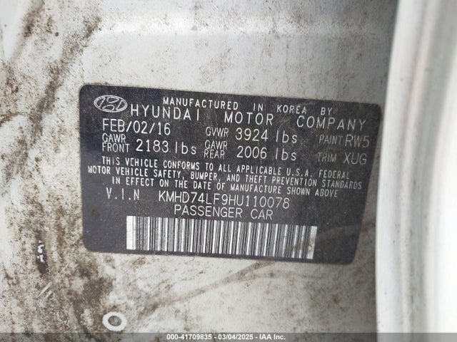 KMHD74LF9HU110078 Hyundai ELANTRA SE