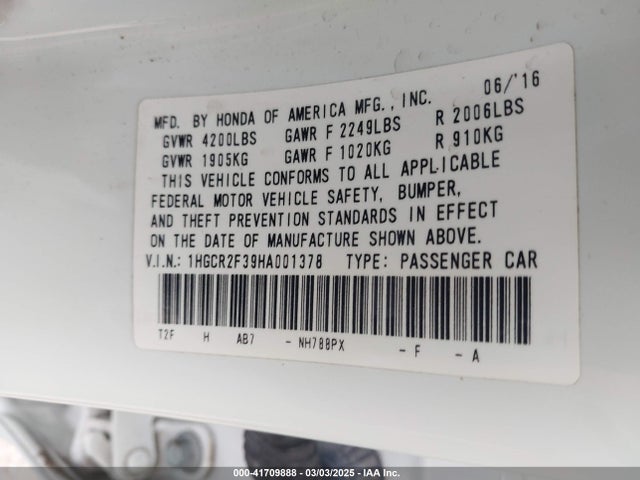 1HGCR2F39HA001378 Honda ACCORD LX