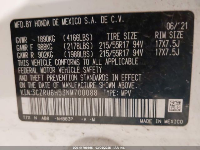 3CZRU6H53NM700088 Honda Hr-v Awd Ex