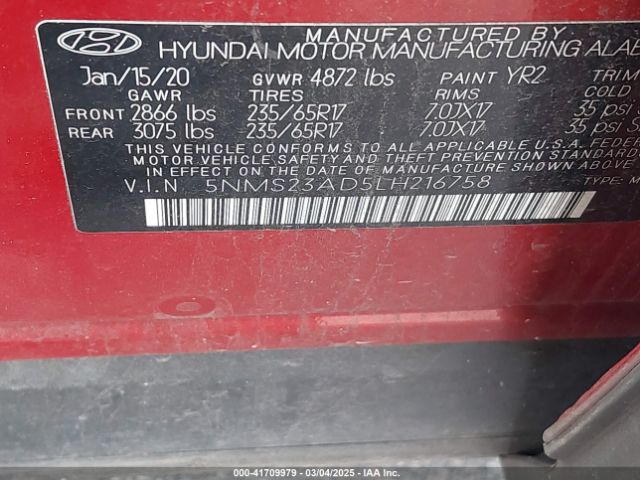 5NMS23AD5LH216758 Hyundai Santa Fe Se