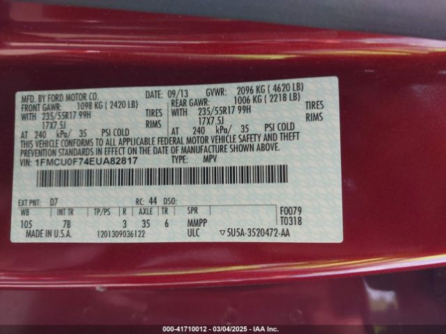 1FMCU0F74EUA82817 Ford ESCAPE S