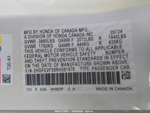 2HGFE2F58RH581476 Honda Civic Sport