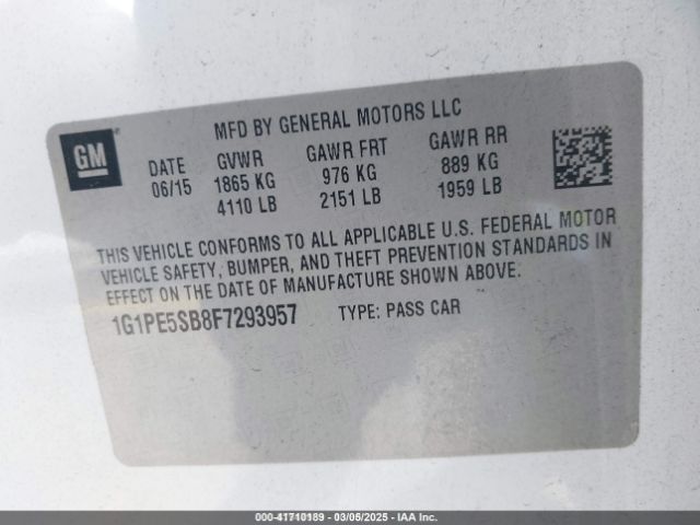 1G1PE5SB8F7293957 Chevrolet Cruze 2lt Auto