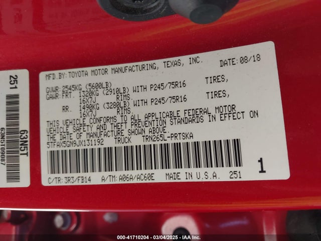 5TFAX5GN9JX131192 Toyota Tacoma Sr