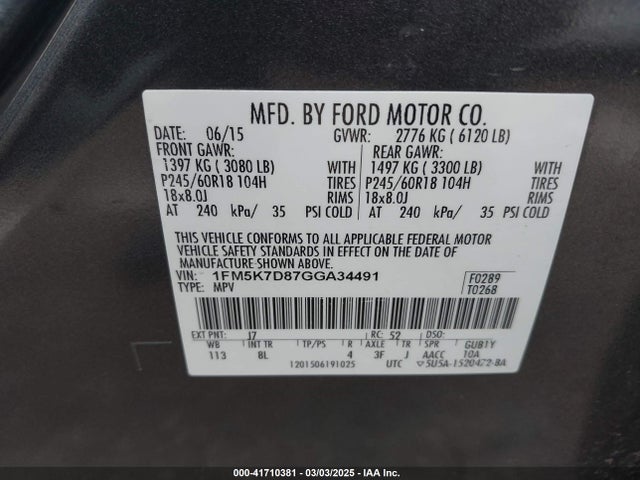 1FM5K7D87GGA34491 Ford EXPLORER XLT