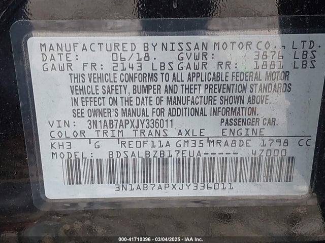3N1AB7APXJY336011 Nissan SENTRA S