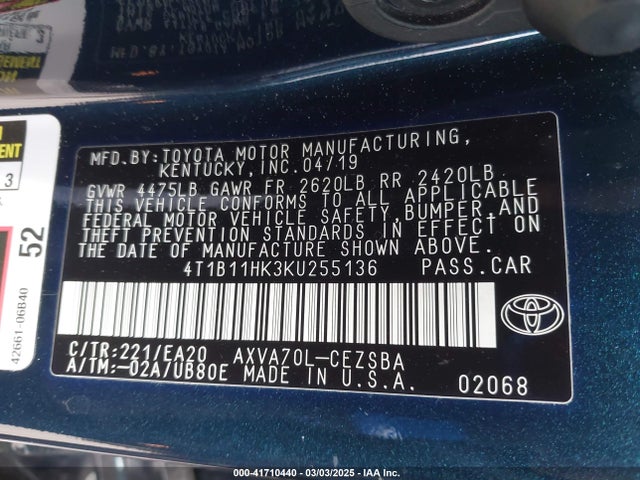 4T1B11HK3KU255136 Toyota CAMRY SE