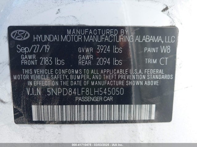 5NPD84LF8LH545050 Hyundai ELANTRA SEL