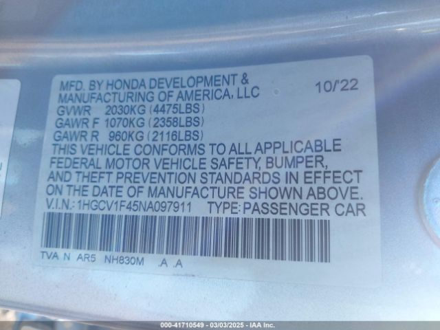 1HGCV1F45NA097911 Honda Accord Sport Se