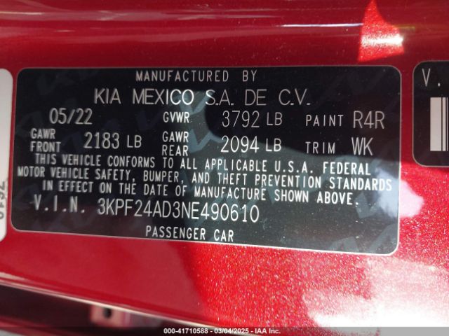 3KPF24AD3NE490610 KIA Forte Lxs
