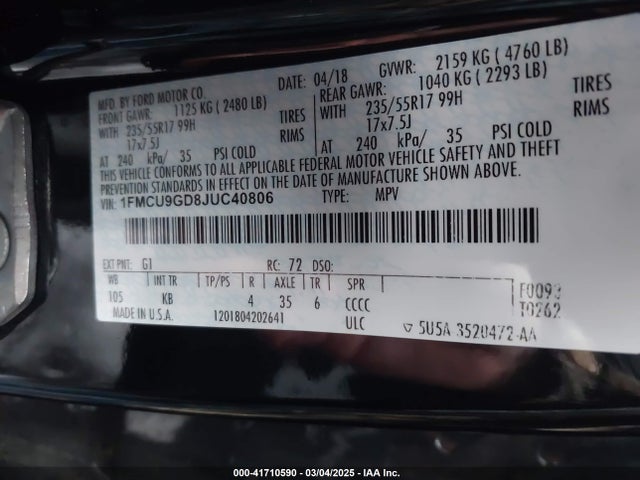 1FMCU9GD8JUC40806 Ford ESCAPE SE
