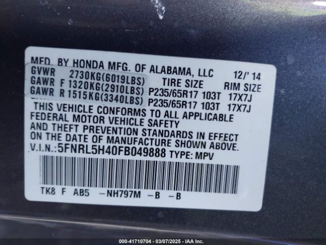 5FNRL5H40FB049888 Honda ODYSSEY EX