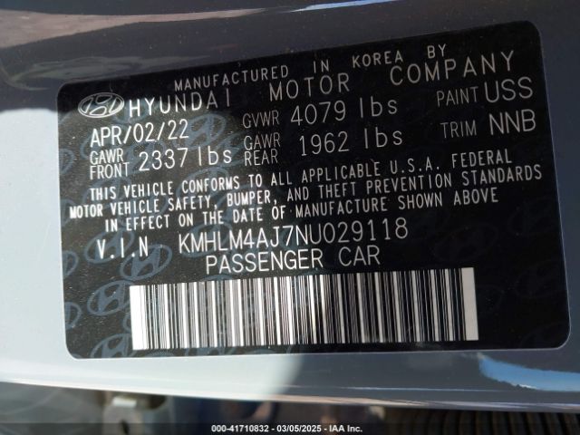 KMHLM4AJ7NU029118 Hyundai Elantra Hybrid Blue
