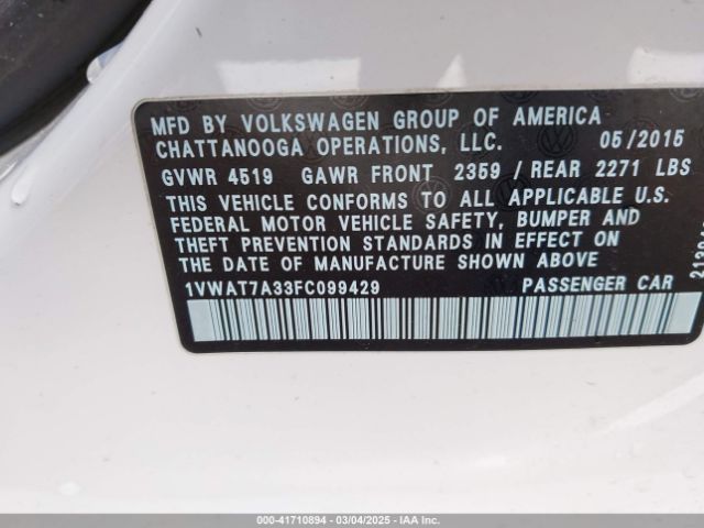 1VWAT7A33FC099429 Volkswagen Passat 1.8t Wolfsburg Edition