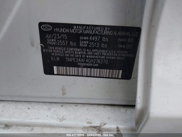 5NPE24AF4GH276270 Hyundai SONATA SE