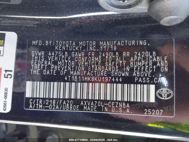 4T1B11HK8KU197444 Toyota CAMRY LE