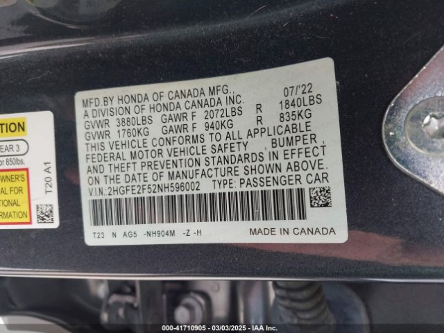 2HGFE2F52NH596002 Honda Civic Sport