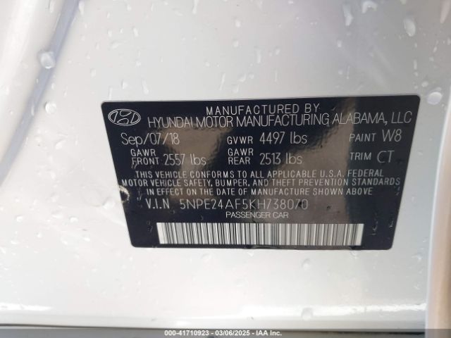 5NPE24AF5KH738070 Hyundai SONATA SE