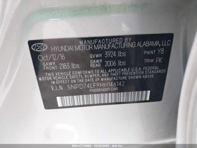 5NPD74LF9HH146142 Hyundai ELANTRA SE