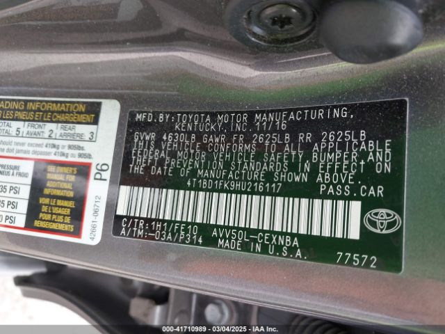 4T1BD1FK9HU216117 Toyota Camry Hybrid Le